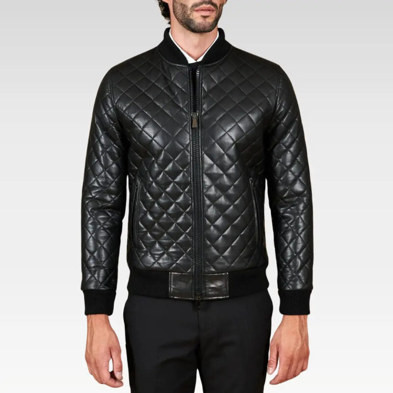 Front view of the Paul black leather bomber jacket with diamond quilting, round neck, and modern zip-front design.