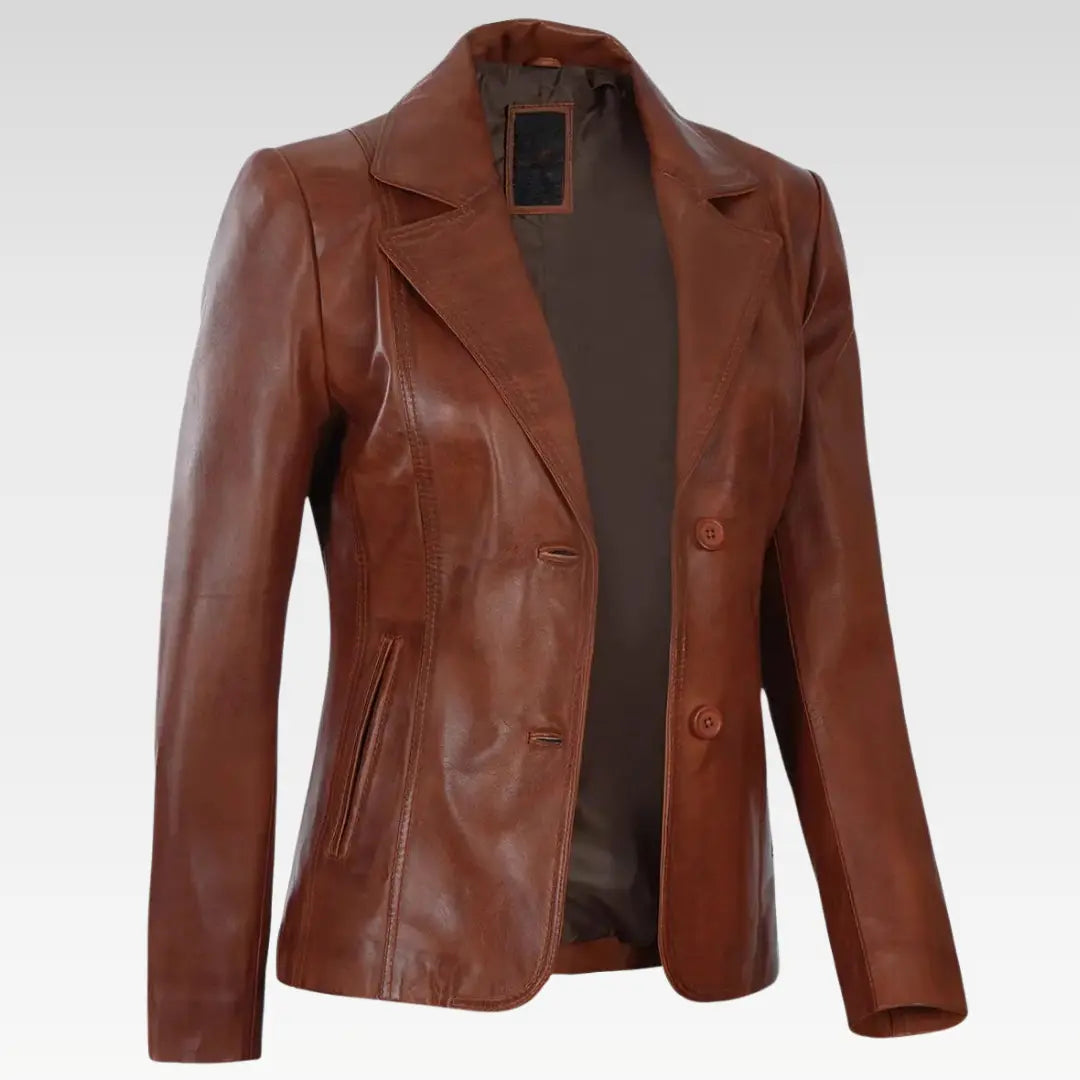 Premium Two Button Cognac Leather Blazer for Women - Image 3