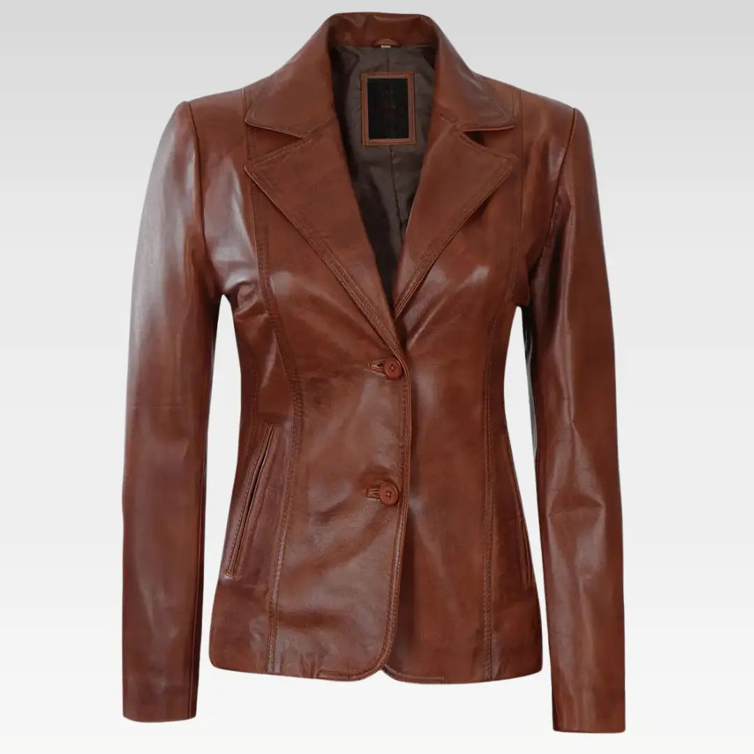 Premium Two Button Cognac Leather Blazer for Women - Image 2