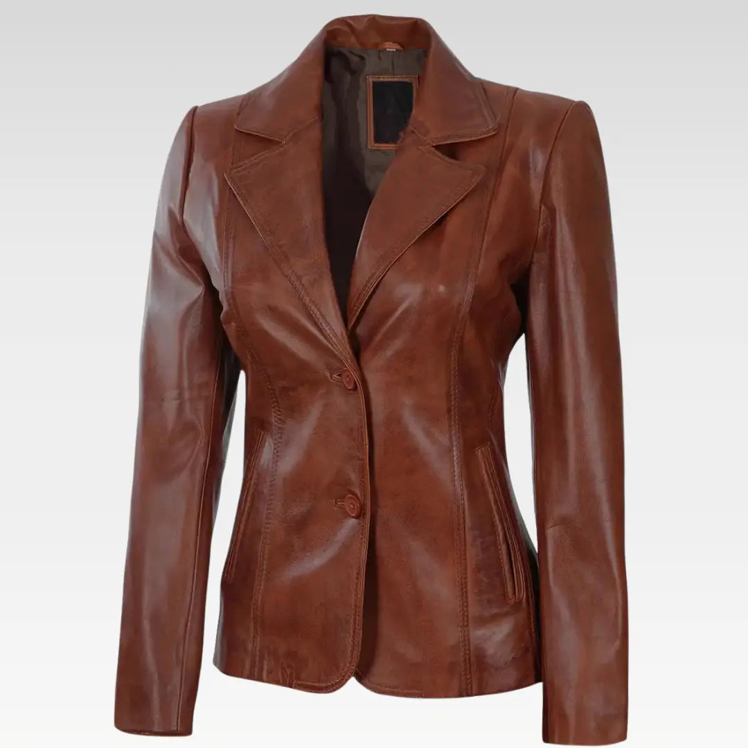 Premium Two Button Cognac Leather Blazer for Women - Image 4