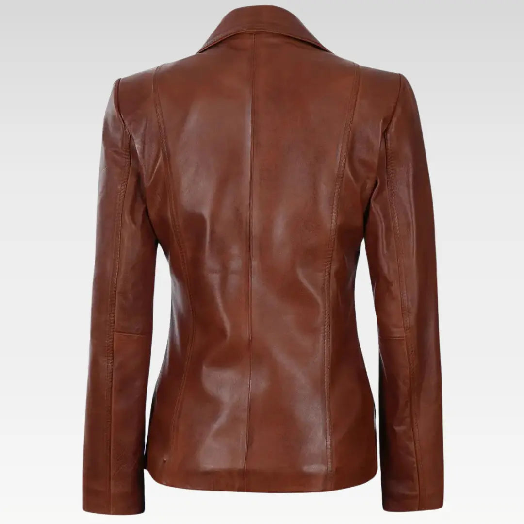Premium Two Button Cognac Leather Blazer for Women - Image 6