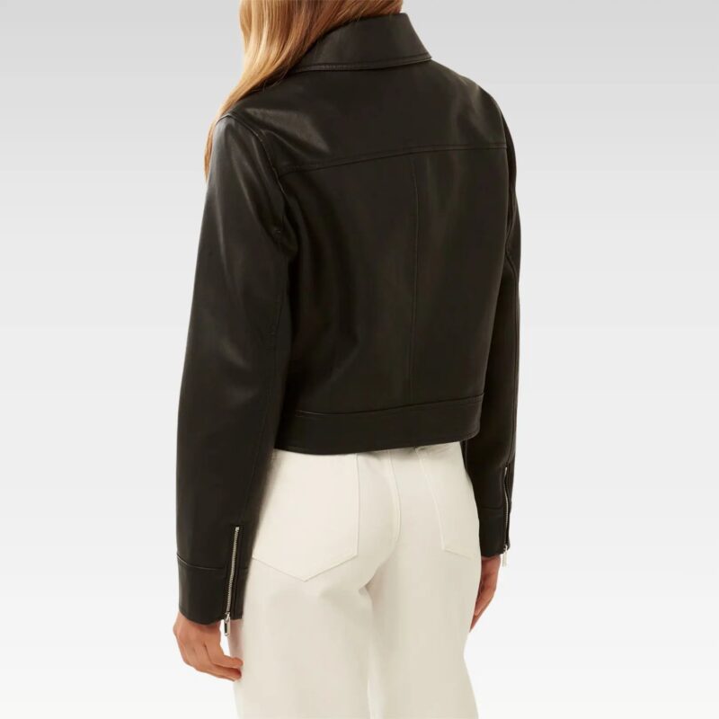 Back view of black premium leather jacket showing cropped length, tailored fit, and sleek polyurethane coating finish