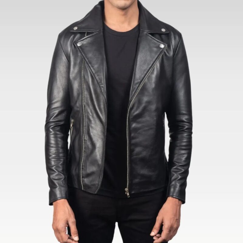 Front view of the Riven black leather biker jacket, crafted from premium sheepskin leather with a sleek tailored fit, featuring an asymmetrical zipper and notch lapel for a timeless biker style
