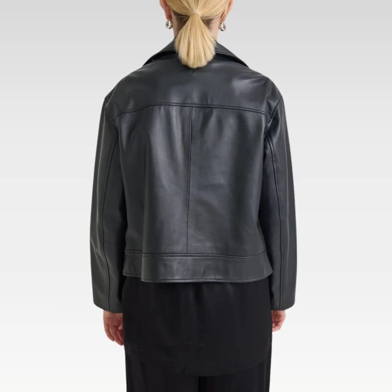 Back view of the Sasha biker black leather jacket in premium 100% leather, highlighting the cropped modern silhouette and sleek finish