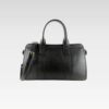 Angled side view of the black leather Signature Weekender Duffle, featuring rolled handles, solid brass hardware, and adjustable padded strap.