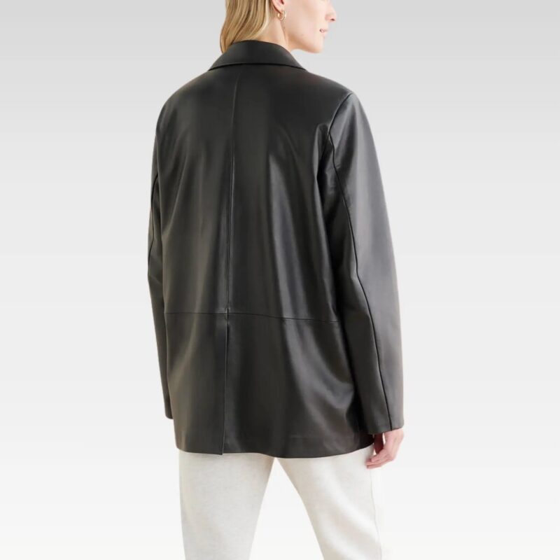 Back view of Stand Studio Mina blazer crafted from premium genuine leather, showcasing relaxed fit and smooth supple finish.