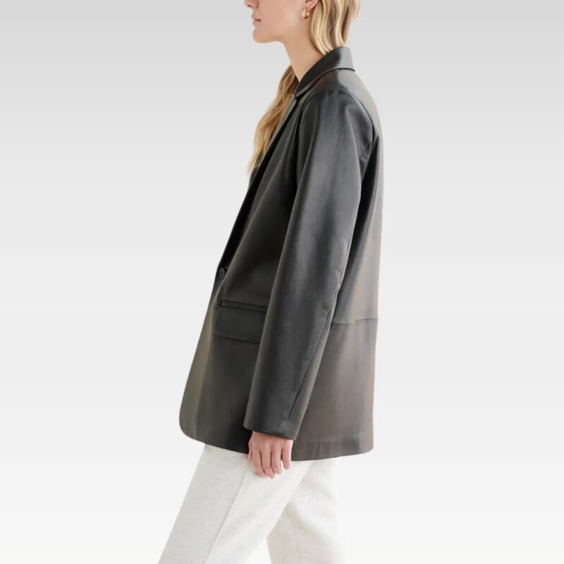 Side profile of Stand Studio Mina leather blazer, highlighting soft genuine leather material and easy layering silhouette