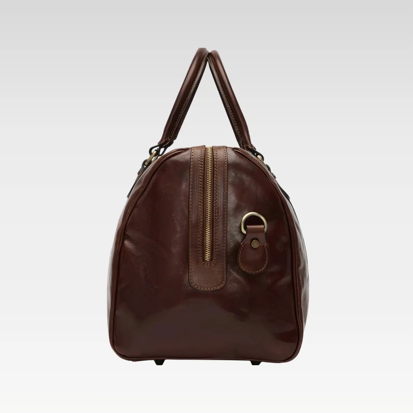 Side view of Stratos brown full-grain leather duffle cabin bag with smooth YKK zipper and structured design