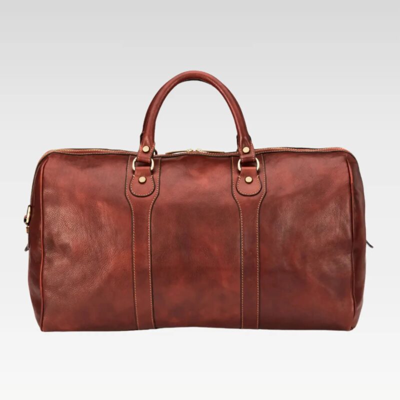 Back view of the Stratos Wanderer leather duffel highlighting the smooth full-grain leather and structured silhouette