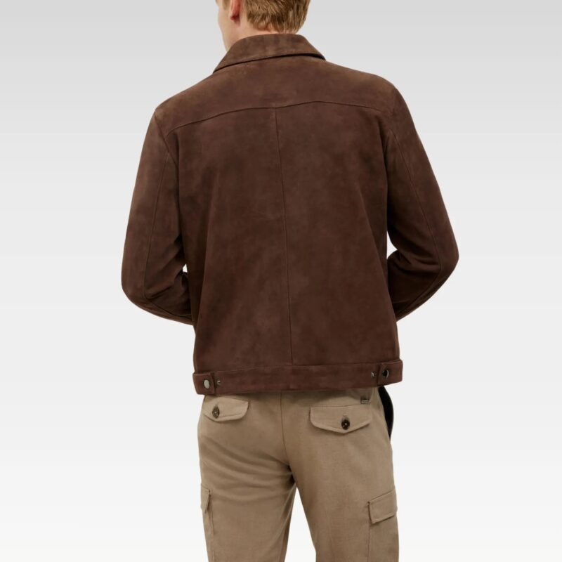 : Back view of the Suede Kael Leather Jacket in premium suede goat leather, highlighting its regular fit and timeless Harrington collar design.