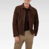 Front view of Suede Kael Leather Jacket made from 100% premium suede goat leather, featuring Harrington collar, zip closure, and angled welt pockets.
