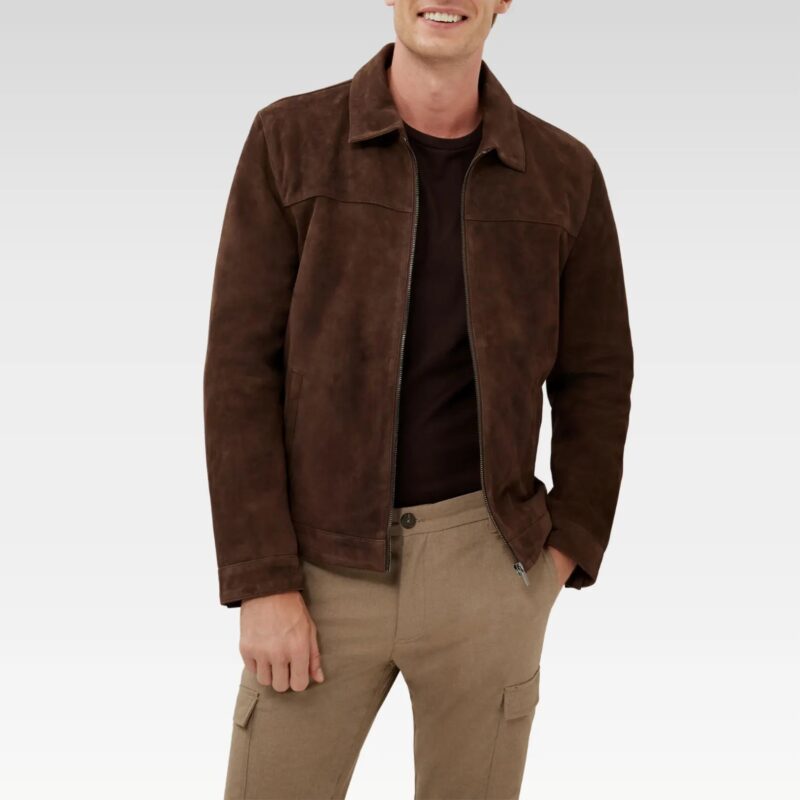 Front view of Suede Kael Leather Jacket made from 100% premium suede goat leather, featuring Harrington collar, zip closure, and angled welt pockets.