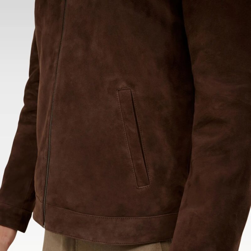 Side detail of the Suede Kael Leather Jacket showing luxurious 9mm thick suede leather texture with adjustable cuffs and clean tailoring.