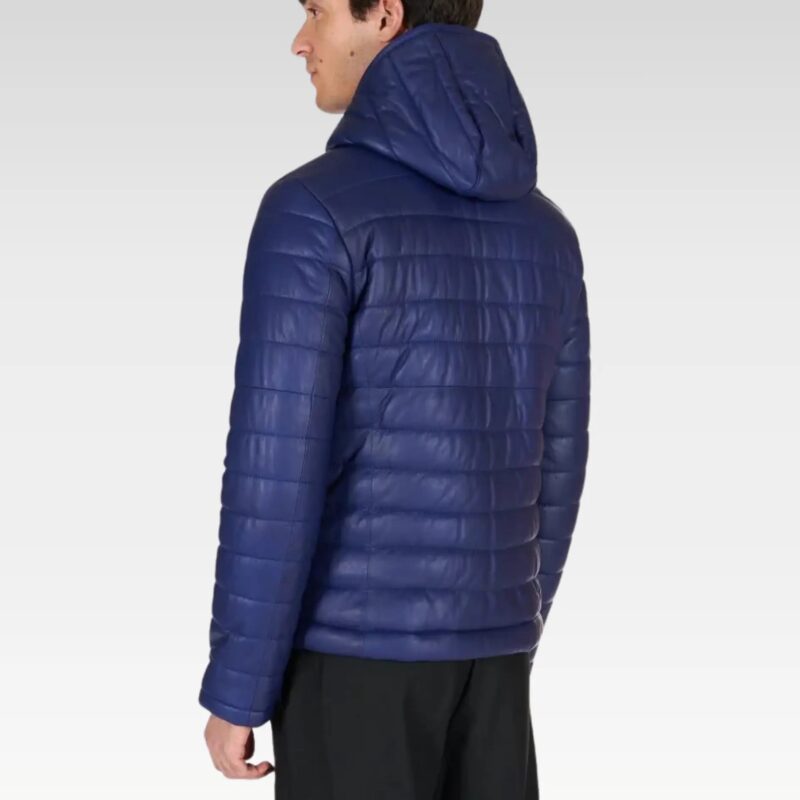 Back view of Teo Blue Hooded Lamb Leather Puffer Jacket showing attached hood, short length, and stylish winter-ready design.