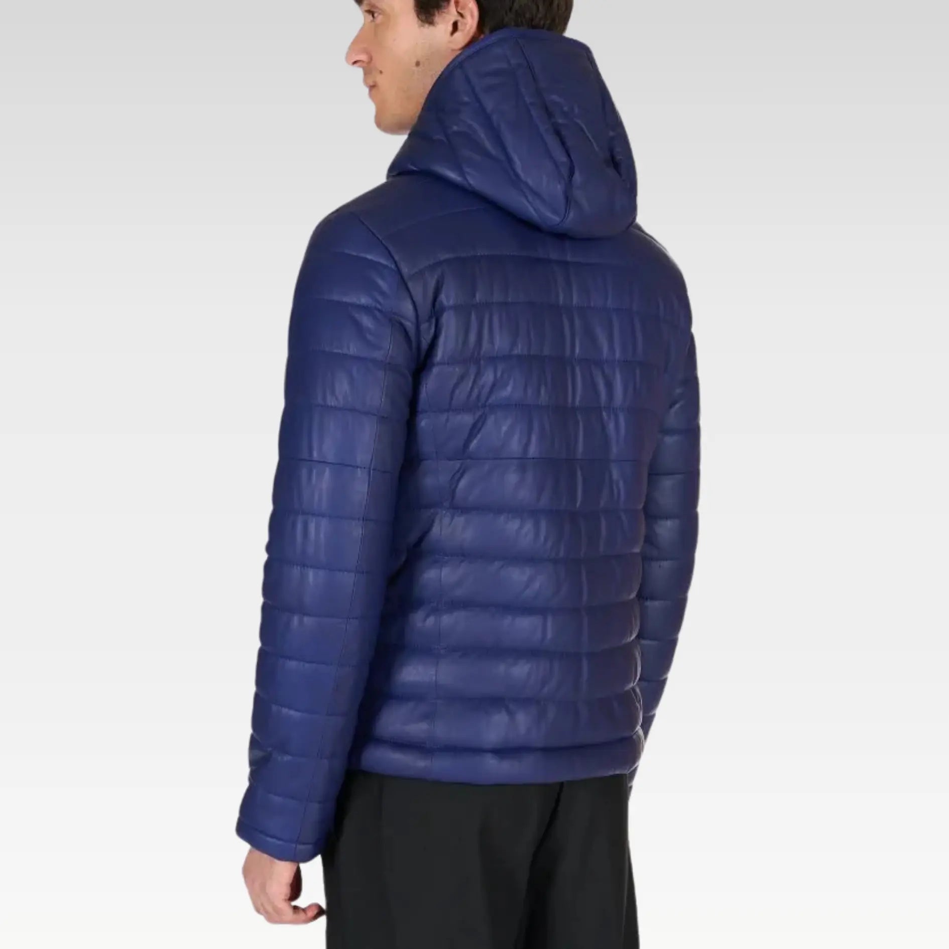 Back view of Teo Blue Hooded Lamb Leather Puffer Jacket showing attached hood, short length, and stylish winter-ready design.