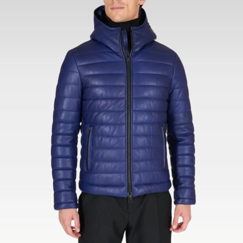 Front view of Teo Blue Hooded Lamb Leather Puffer Jacket, featuring Valtherm insulation, central zipper, and attached hood.