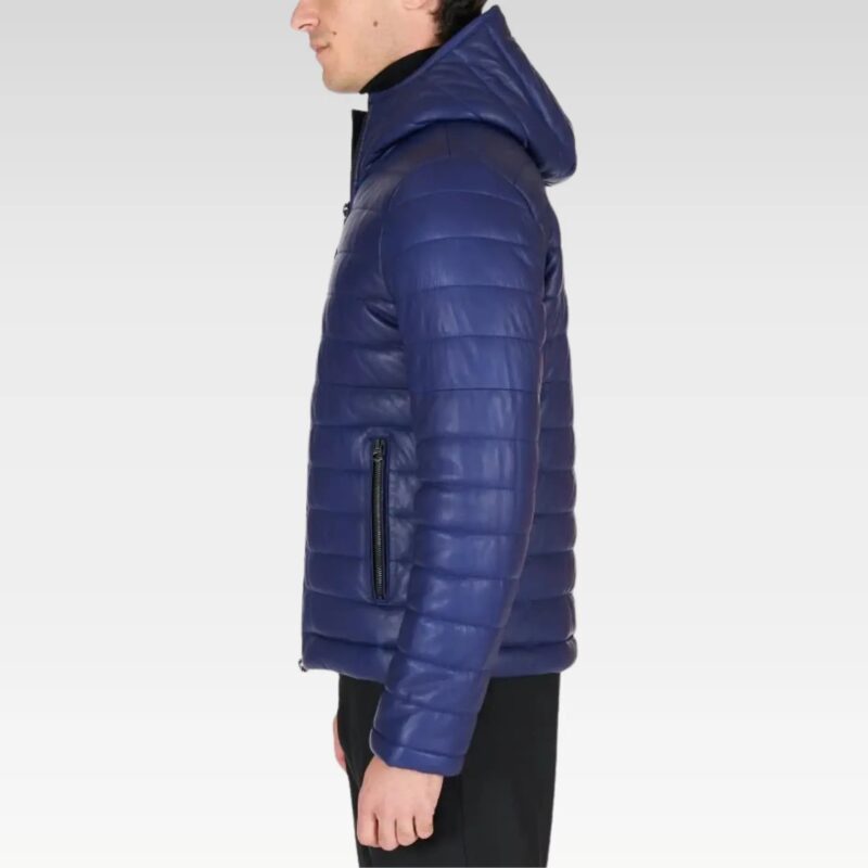 Side profile of Teo Blue Hooded Lamb Leather Puffer Jacket showcasing regular fit, long sleeves, and lightweight padding.