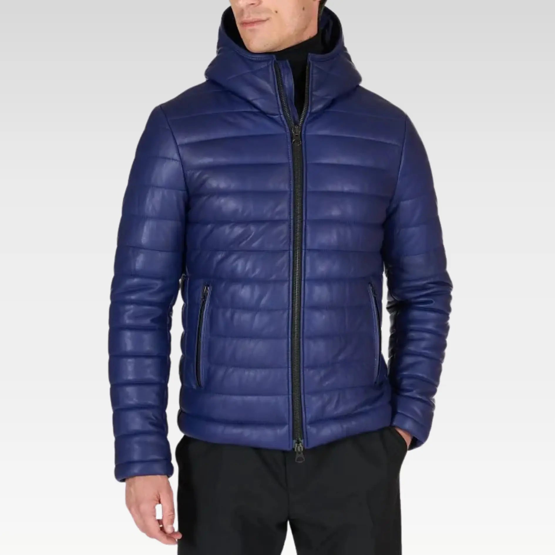 Front view of Teo Blue Hooded Lamb Leather Puffer Jacket with hand adjusting central zipper, emphasizing functional and stylish details.