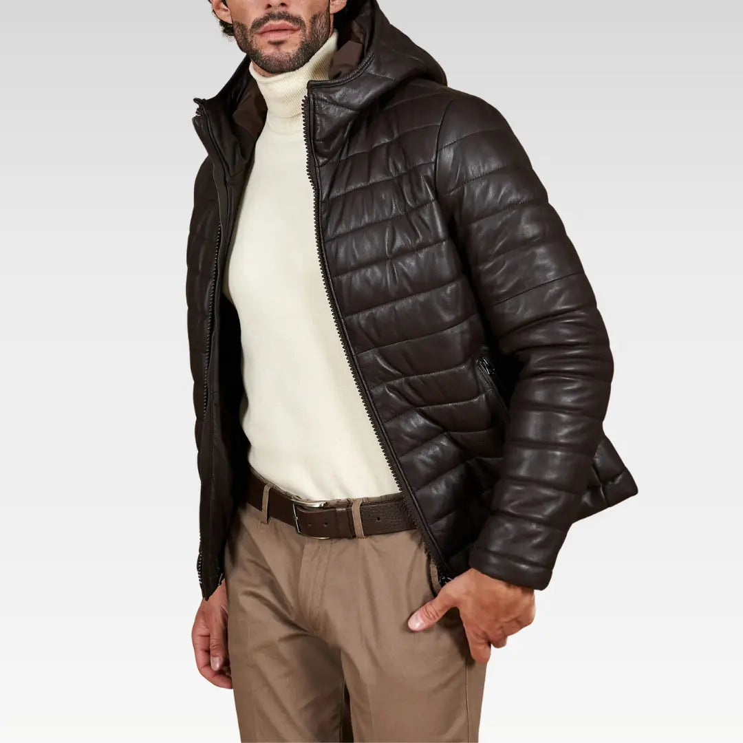 Front view of the Teo brown hooded lamb leather puffer jacket worn open, displaying its interior lining and smart layering style.