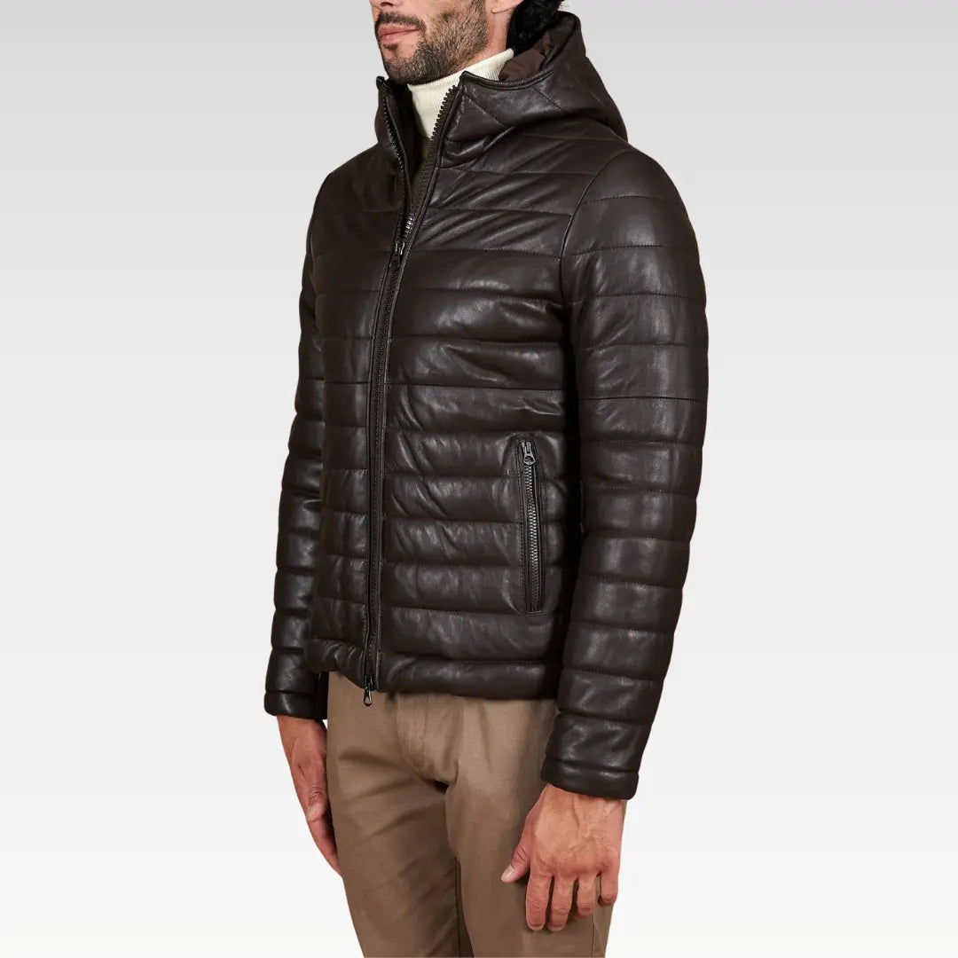 Side profile of the Teo brown hooded lamb leather puffer jacket highlighting the sleek silhouette and padded structure.