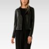 Back view of black vegan leather biker jacket showing sophisticated pintucked detailing and fully lined interior design