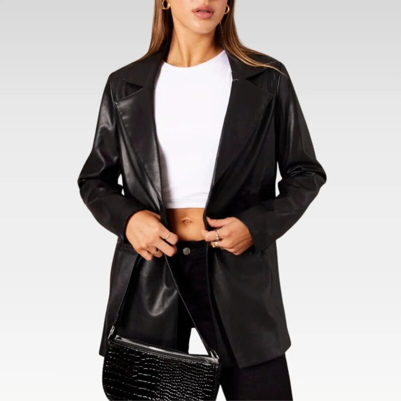 Trendy Black Leather Collared Jacket for Women