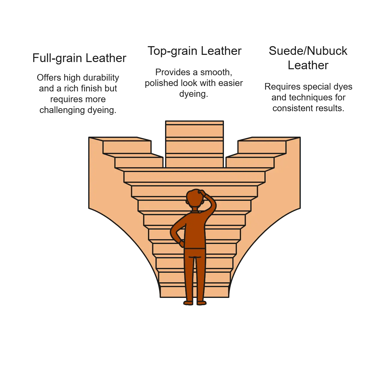 Infographic explaining different types of leather for dyeing jackets, including full-grain, top-grain, suede, and nubuck leather.