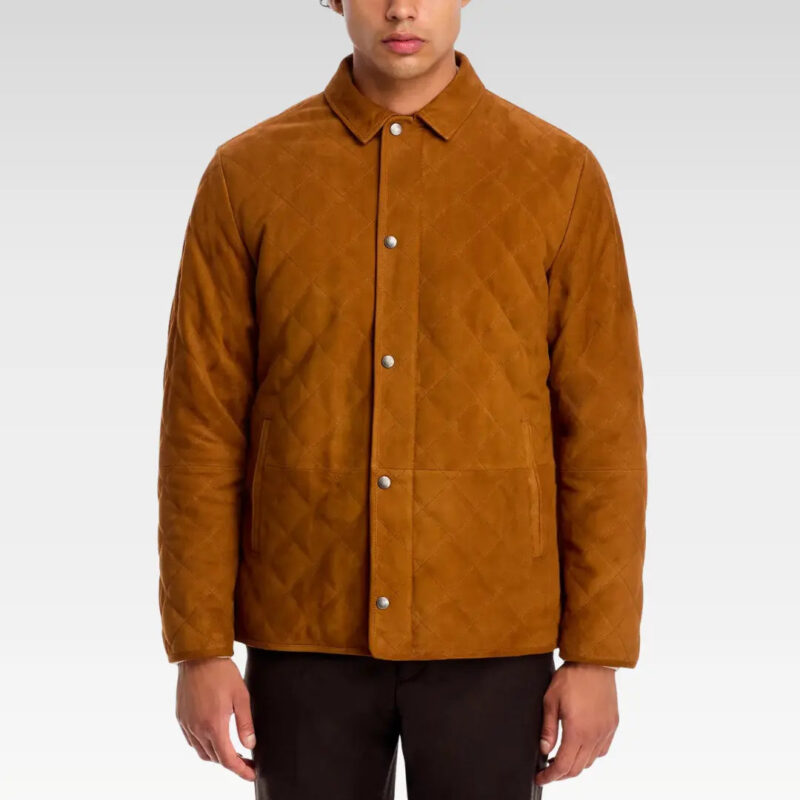 Front view of the Velocity Suffolk jacket in premium quilted suede leather highlighting tailored fit and collar design.