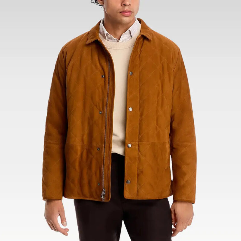 Full front view of the Velocity Suffolk jacket in quilted suede with front pockets, ideal for layering with jeans or chinos.