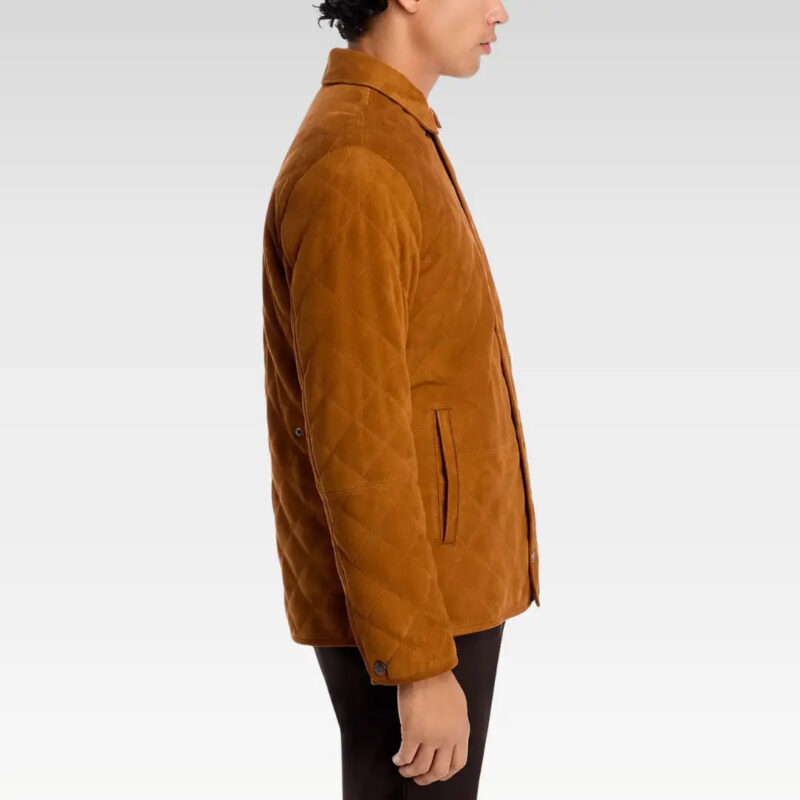 Side profile of the Velocity Suffolk jacket showcasing its tailored fit and lightweight quilted suede construction.