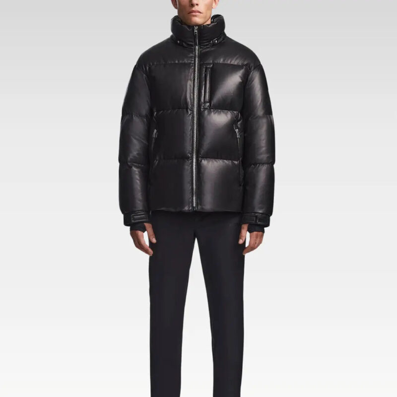 Front view of the Vincent Men’s Cloud Down Leather Puffer Jacket highlighting its sleek, modern fit and premium leather finish.