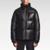 Close-up of the front of the Vincent Men’s Cloud Down Leather Puffer Jacket, focusing on its tonal stitching, smooth leather finish, and high collar design.