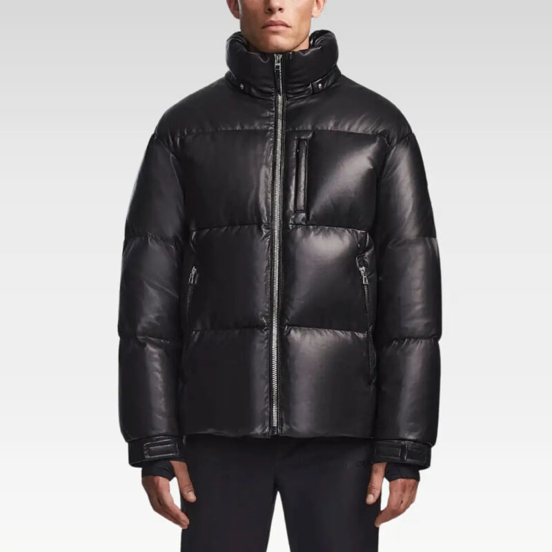 Close-up of the front of the Vincent Men’s Cloud Down Leather Puffer Jacket, focusing on its tonal stitching, smooth leather finish, and high collar design.