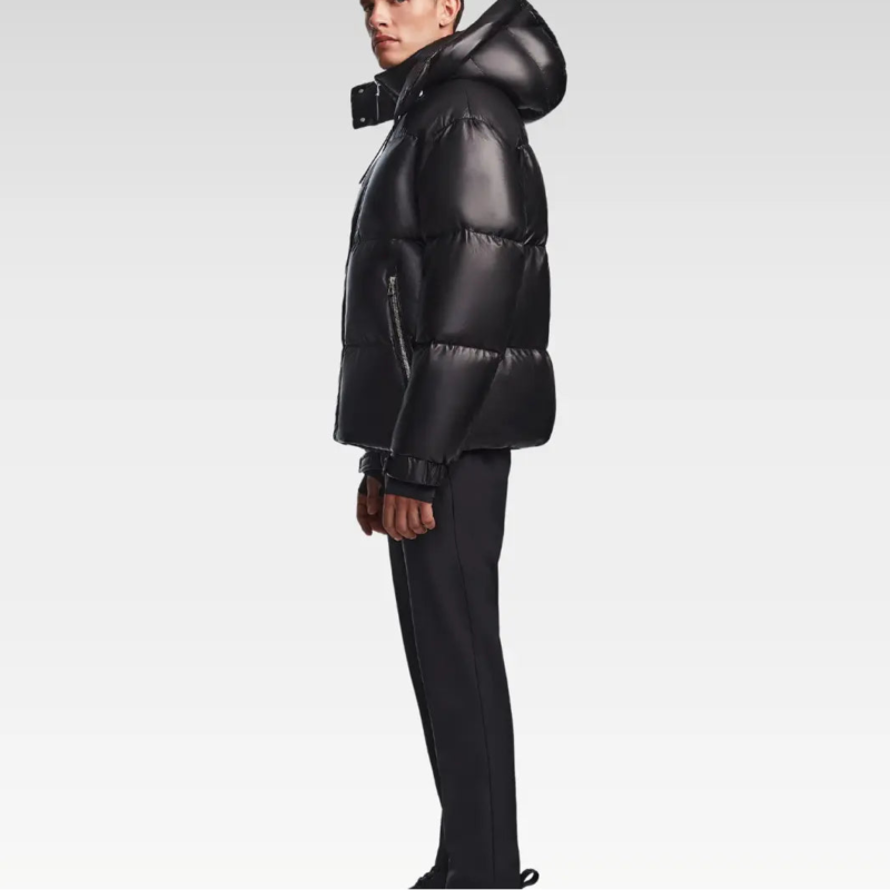 Clean side angle of the Vincent Men’s Cloud Down Leather Puffer Jacket featuring a tailored cut and soft insulated padding.