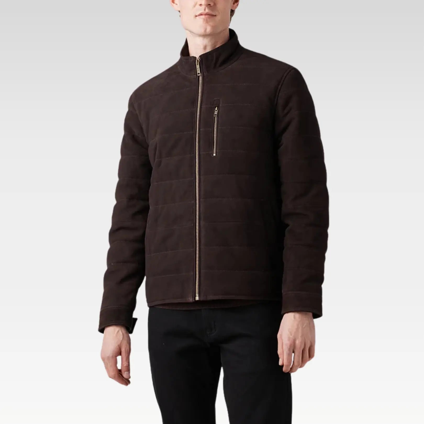 Front view of the Waverley Quilted Leather Bomber Suede Jacket made from 100% genuine lamb suede, featuring quilted detailing, premium YKK zipper, and a sleek tailored fit.