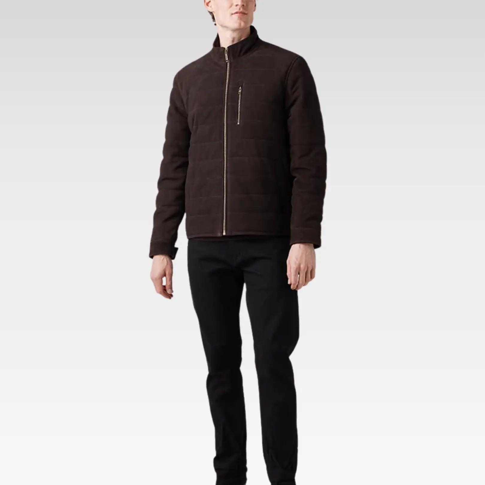 Model wearing the Waverley Quilted Leather Bomber Suede Jacket styled with black trousers, highlighting its modern silhouette, sustainable materials, and refined craftsmanship.