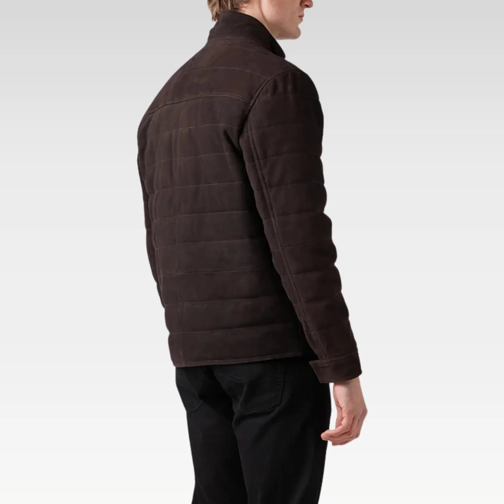 Side profile of the Waverley Quilted Leather Bomber Suede Jacket showcasing its slim fit design, eco-friendly recycled padding, and buttery-soft lamb suede texture.