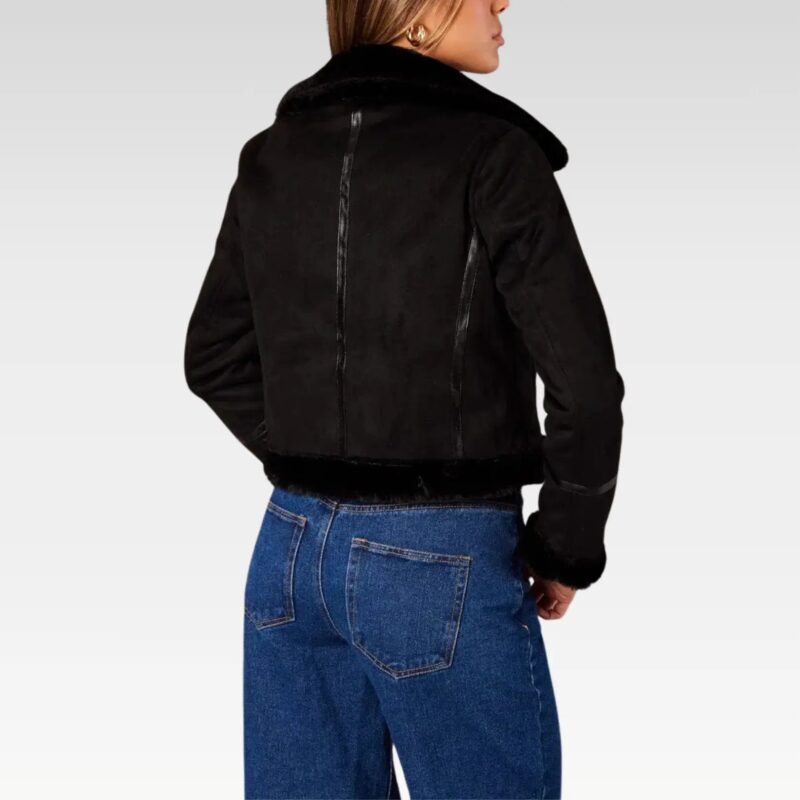 Back view of women's black aviator leather jacket, crafted from premium leather with cozy faux fur lining, slim-fit silhouette, great for versatile and elegant styling with jeans or dresses