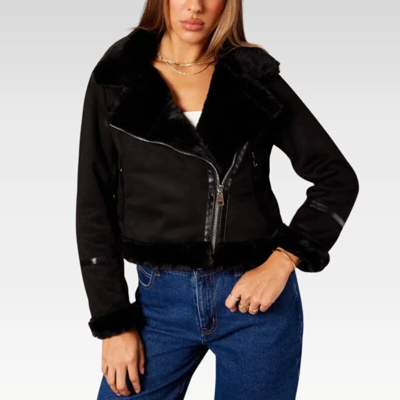 Side view of women's black aviator leather jacket, featuring premium leather and faux fur lining, slim-fit design, perfect for a bold and sophisticated look with boots or dresses