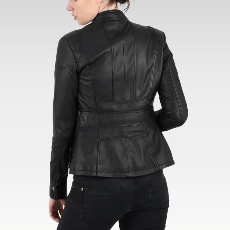 Back view of a women's black leather bomber jacket displaying the structured stitching and premium leather finish
