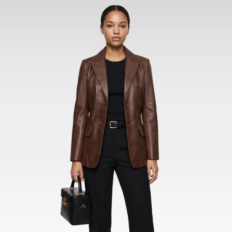 Women’s cognac leather blazer styled with black outfit and structured handbag