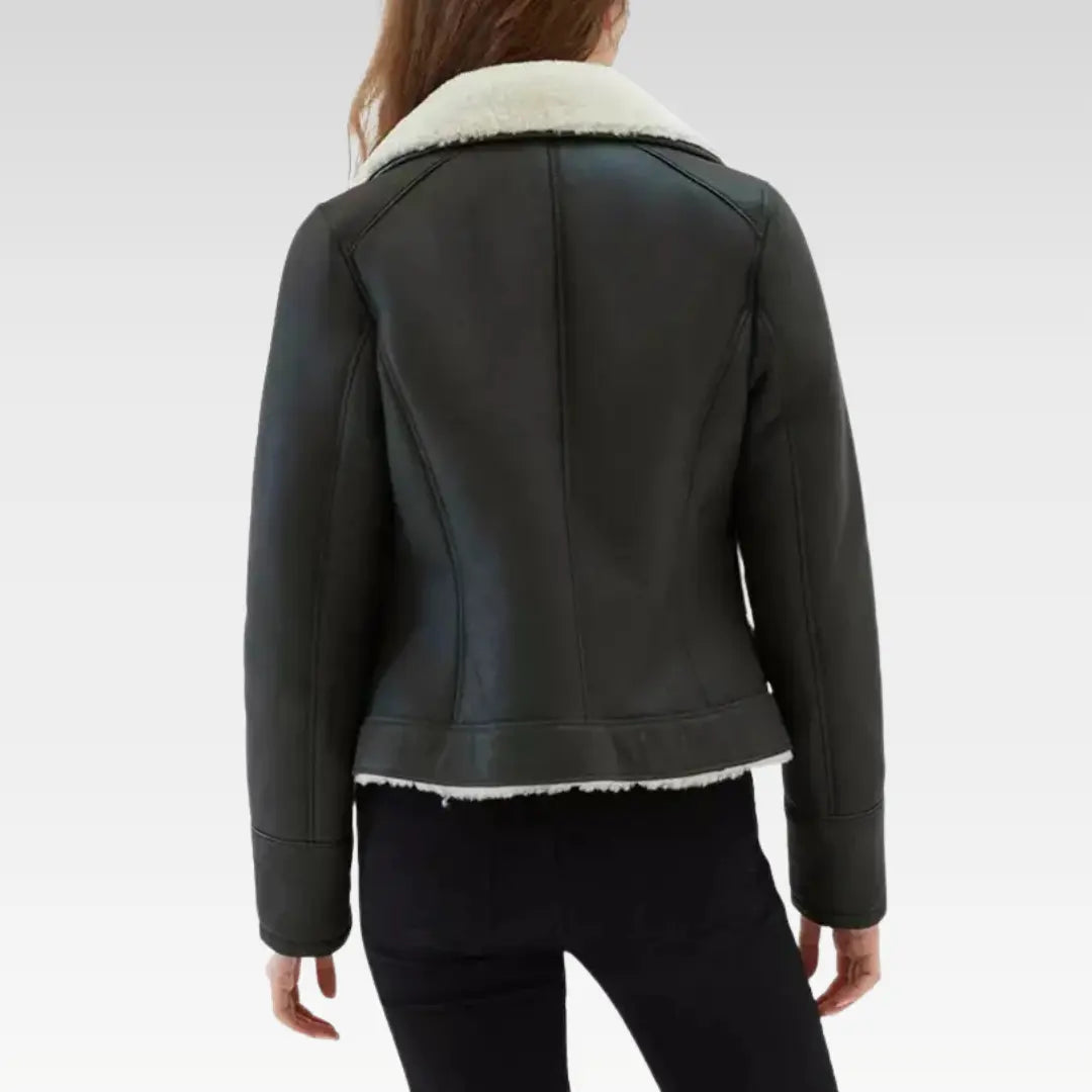 Women's matte black faux shearling aviator jacket back view highlighting the structured fit and smooth matte finish of the high-quality sheepskin leather.