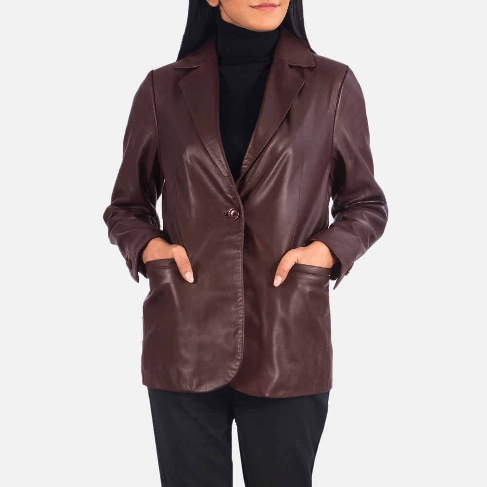 Norma Maroon Leather Blazer - Image 5