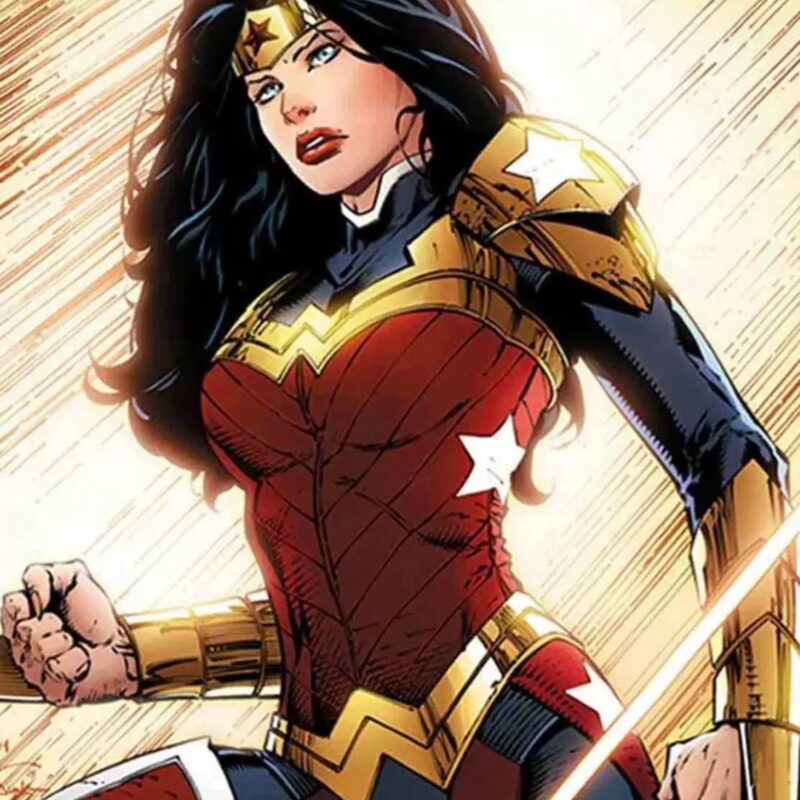 Full back view of the Wonder Woman Leather Jacket featuring iconic blue, yellow, and maroon colors, with practical waist flap pockets and fine stitching, embodying timeless superhero fashion and durability
