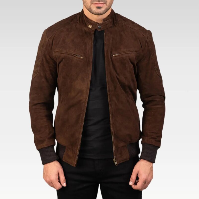 Front close-up of Zenith Mocha Suede Bomber Jacket in rich dark brown goatskin suede, showcasing rib-knit cuffs, snap button band collar, and functional exterior pockets.