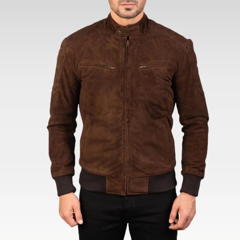 Full body view of Zenith Mocha Suede Bomber Jacket styled casually, highlighting luxurious goatskin suede, versatile smart-casual design, and tailored bomber jacket fit.