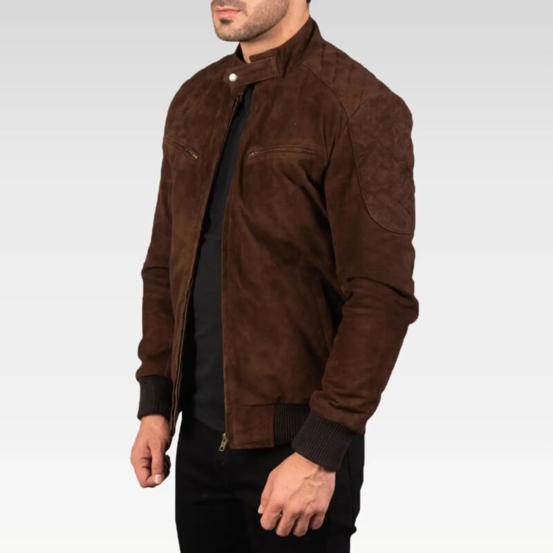 Side angle of Zenith Mocha Suede Bomber Jacket showing quilted lining, sleek band collar with snap button, and premium dark brown suede finish.