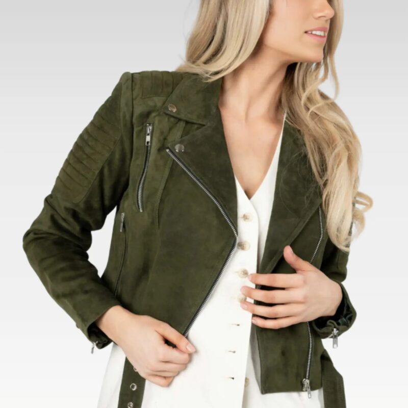 Front view of the Zora olive green suede biker leather jacket, featuring a slim-fit silhouette and functional pockets for a modern rugged look