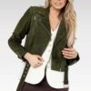 Full pose of the Zora olive green suede biker leather jacket, displaying its versatile styling with a quilted viscose lining and chic design.