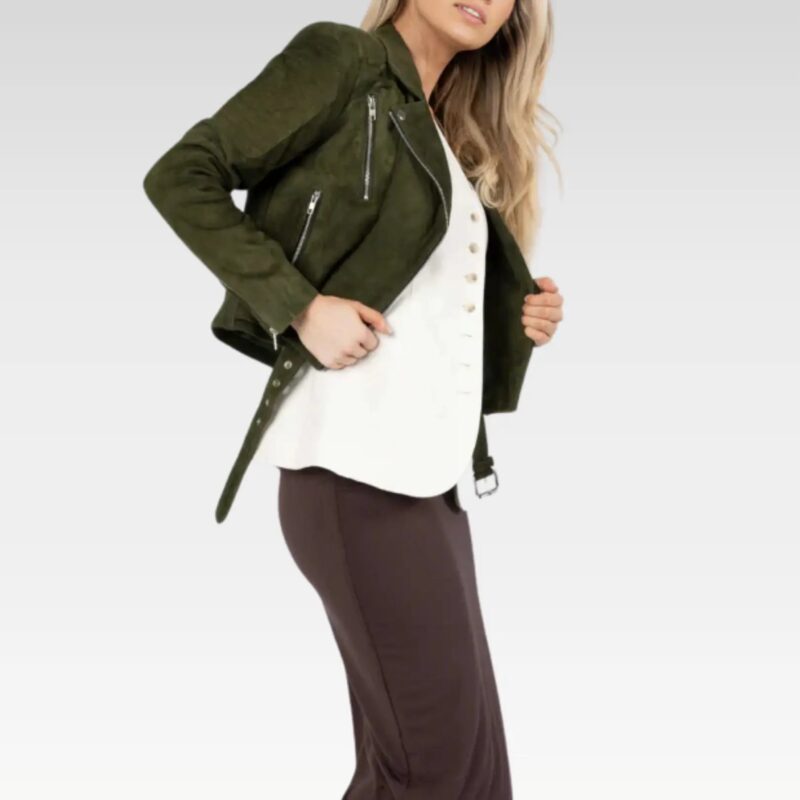 Open style view of the Zora olive green suede biker leather jacket, emphasizing its flattering fit and premium suede finish with inside pockets